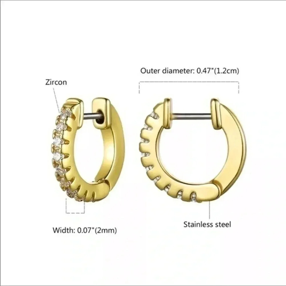 Unisex AAA Zircon Gold Tone Stainless Steel Huggie Hoop Hinge Earrings NWT - Picture 3 of 3